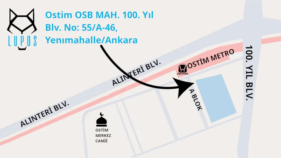 Ostim bölgesinin haritası, Ostim Metro istasyonu ile yerel cami arasında yer alan Lupos Dış Ticaret'in konumunu göstermektedir.