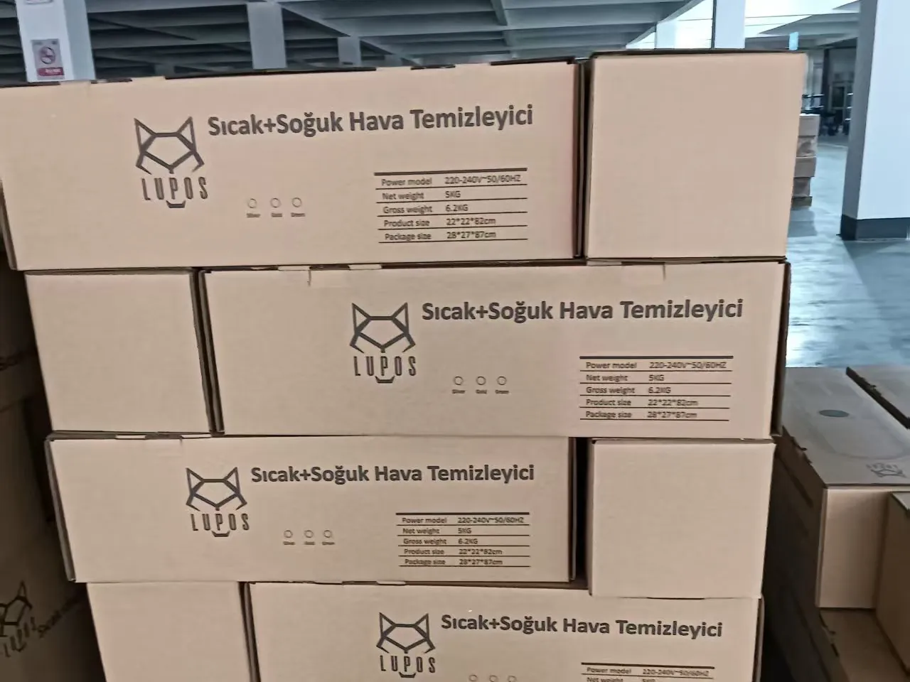 Palletized cartons of Lupos-branded air purifiers on the factory floor before shipment