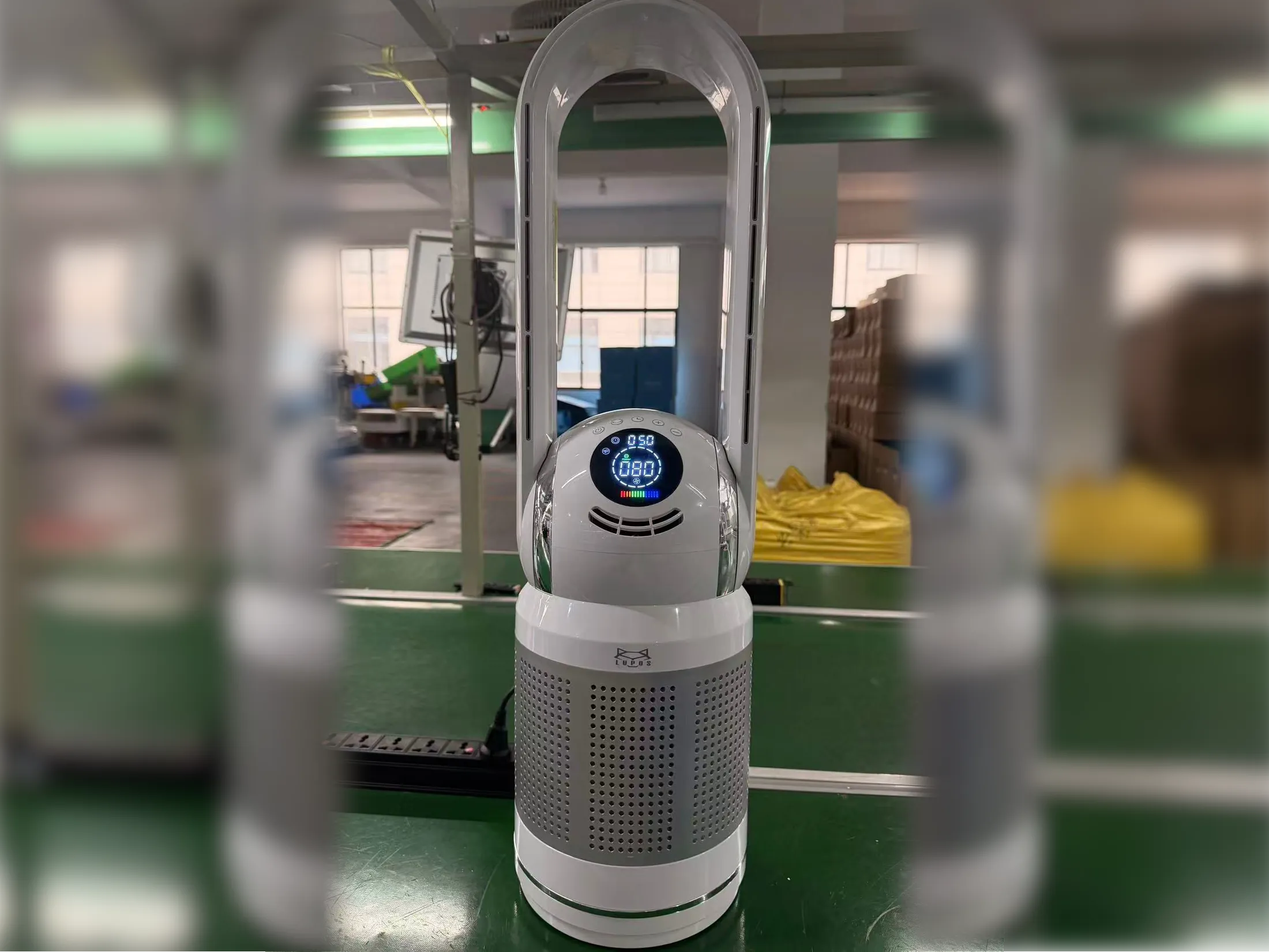 Lupos-branded air purifier operating during product testing at the factory