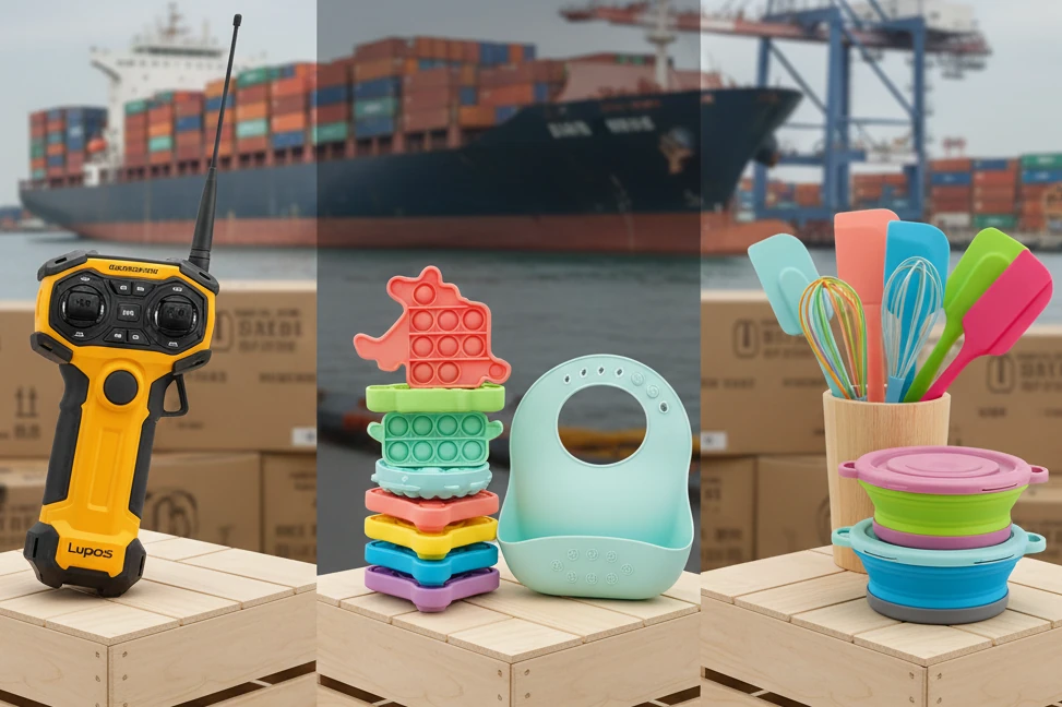 Multi-supplier consolidated import shipment from China including toys, industrial products, and kitchenware