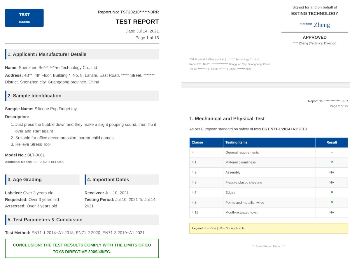 Laboratory test report page for silicone toy products showing compliance test results and reference information