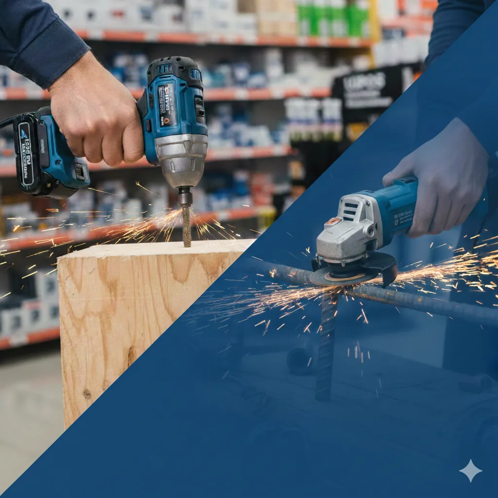 Lithium electric drill and angle grinder being used in professional setting