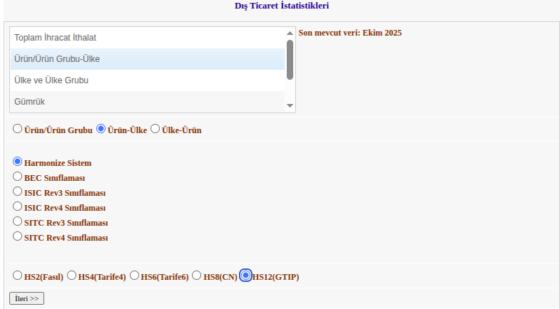 TÜİK Yabancı Ticaret Veritabanı portalına ilk erişim ekranı