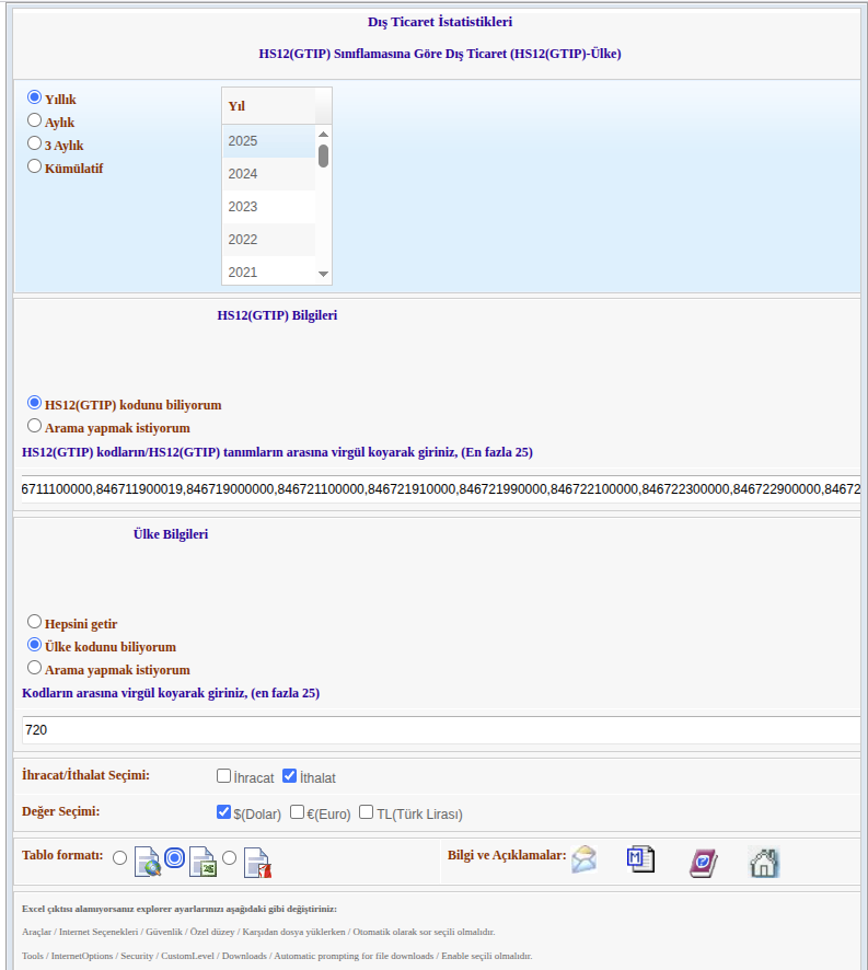 TÜİK Yabancı Ticaret Veritabanı portalına ikinci erişim ekranı